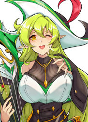 Rule 34 | 1girl, absurdres, bare shoulders, blush, bodice, breasts, commentary request, detached sleeves, elf, elsword, green eyes, green hair, hair between eyes, harp, hat, hat feather, highres, holding, holding instrument, huge breasts, instrument, jo an, korean commentary, long hair, looking at viewer, one eye closed, open mouth, pointy ears, prophetess (elsword), rena erindel, simple background, solo, sweatdrop, teeth, upper body, upper teeth only, very long hair, white background