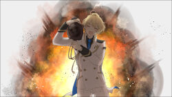 Rule 34 | 1boy, :d, ^ ^, aiguillette, aiming, aiming at viewer, black shirt, blonde hair, blue necktie, buttons, closed eyes, collared jacket, collared shirt, cowboy shot, diamond button, double-breasted, dust, explosion, facing viewer, gold trim, hair between eyes, head tilt, highres, holding, holding rocket launcher, holding weapon, holostars, jacket, kishido temma, male focus, minakami hiro, necktie, open mouth, over shoulder, pants, rocket launcher, shirt, short hair, sleeve cuffs, smile, solo, straight-on, tailcoat, tie clip, two-sided fabric, virtual youtuber, weapon, weapon over shoulder, white background, white jacket, white pants