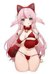 Rule 34 | 1girl, :p, animal collar, animal ears, arm under breasts, bare shoulders, bell, bikini, blush, braid, breast lift, breasts, cat ears, cleavage, closed mouth, collar, collarbone, cropped legs, fake animal ears, gloves, grey eyes, groin, hair between eyes, hair wings, highres, jingle bell, large breasts, long hair, looking at viewer, micro bikini, miyayoki, naughty face, navel, neck bell, original, panties, panty pull, paw gloves, pink hair, pom pom (clothes), pulled by self, red bikini, red collar, red gloves, simple background, smile, solo, straight-on, strap pull, string bikini, swimsuit, tongue, tongue out, underwear, white background, wide hips