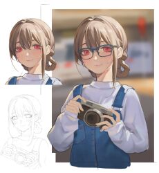 Rule 34 | 1girl, blue overalls, blush, braided hair rings, brown hair, colored eyelashes, commentary, english commentary, glasses, grey sweater, hair behind ear, hair between eyes, hair rings, highres, original, overalls, photo-referenced, pink eyes, portrait, sketch, smile, solo focus, sweater, tom23579, upper body, variations