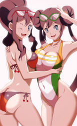 Rule 34 | 2girls, ass, bikini, blue eyes, breast press, breasts, brown hair, butt crack, cleavage, creatures (company), game freak, glasses, highres, hilda (pokemon), long hair, md5 mismatch, multiple girls, nintendo, one eye closed, pokemon, pokemon bw, pokemon bw2, rosa (pokemon), smile, swimsuit, twintails, vivivoovoo