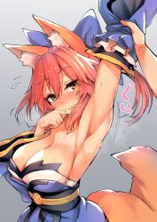 Rule 34 | 1girl, animal ear fluff, animal ears, arm up, armpit focus, armpits, blue kimono, blush, breasts, cleavage, detached sleeves, embarrassed, fate/extra, fate (series), fox ears, fox girl, fox tail, highres, holding another&#039;s wrist, japanese clothes, kimono, large breasts, looking at viewer, pink hair, solo focus, sweat, tail, tamamo (fate), tamamo no mae (fate/extra), wide sleeves, wisespeak, yellow eyes