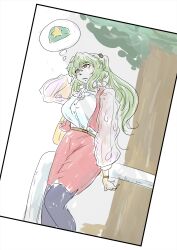 Rule 34 | 1girl, adapted costume, alternate hair length, alternate hairstyle, breasts, green eyes, highres, kazami yuuka, large breasts, pantyhose, ponytail, red eyes, red skirt, red vest, skirt, solo, supponnz, touhou, tree, vest