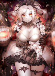 Rule 34 | 1girl, abyssal ship, breasts, cannon, colored skin, dress, drill hair, flower armlet, kantai collection, large breasts, new light cruiser princess, orange eyes, revision, rigging, rui shi (rayze ray), short dress, sidelocks, solo, thighhighs, turret, twin drills, twintails, white hair, white skin, white thighhighs