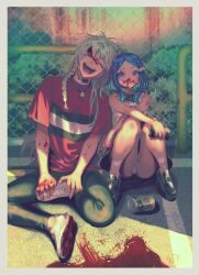 Rule 34 | 1boy, 1girl, :d, bad id, bad twitter id, black footwear, bleeding from forehead, blood, blood on face, blood splatter, blue eyes, blue hair, border, boxcutter, braid, bruise, bruise on face, bush, can, chain-link fence, closed eyes, crossed arms, facing viewer, fence, full body, grey hair, highres, holding, holding boxcutter, holding phone, inactive account, injury, jewelry, king of prism, knees up, long hair, looking at viewer, necklace, nosebleed, on ground, open mouth, outdoors, panties, pants, pantyshot, phone, pretty rhythm, pretty series, red shirt, rinne (pretty rhythm), shine (pretty series), shirt, shoes, short hair, short sleeves, side braid, sitting, smile, sneakers, strong zero, t-shirt, underwear, white footwear, white shirt, zashima