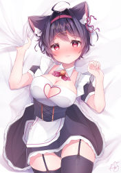 Rule 34 | 1girl, absurdres, ahoge, animal ear fluff, animal ears, apron, bed sheet, black hair, black panties, black thighhighs, blush, breasts, cat ears, cleavage, cleavage cutout, clip studio paint (medium), clothing cutout, commentary request, detached collar, dress, frills, garter straps, hair ornament, hairband, hairclip, heart cutout, highres, komugi (2212), large breasts, looking at viewer, lying, maid, maid apron, neck bell, neck ribbon, on back, original, panties, pink hairband, red eyes, red ribbon, ribbon, sheet grab, short hair, short sleeves, solo, sweat, thighhighs, underwear