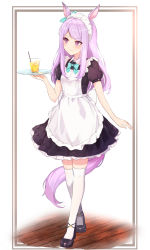 Rule 34 | 1girl, absurdres, alternate costume, animal ears, apron, aqua bow, aqua bowtie, black dress, black footwear, blush, bow, bowtie, commentary, cup, dress, drink, enmaided, frilled apron, frilled dress, frills, full body, hand up, highres, holding, holding tray, horse ears, horse girl, horse tail, long hair, looking away, maid, maid apron, maid headdress, mejiro mcqueen (umamusume), puffy short sleeves, puffy sleeves, purple eyes, purple hair, shoes, short sleeves, simple background, sky cappuccino, smile, solo, standing, swept bangs, tail, thighhighs, tray, umamusume, white apron, white thighhighs