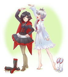 Rule 34 | 2girls, barefoot, black footwear, boots, unworn boots, cape, cropped jacket, cross-laced footwear, full body, height difference, high heel boots, high heels, highres, hood, iesupa, knee boots, lace-up boots, lolita fashion, multiple girls, pantyhose, ruby rose, rwby, short hair, grey eyes, skirt, tiptoes, weiss schnee, white footwear, white hair, wink