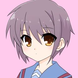 Rule 34 | 1girl, blue sailor collar, brown eyes, closed mouth, commentary request, expressionless, ikeda jun (aquaqua), kita high school uniform, looking at viewer, nagato yuki, pink background, portrait, purple hair, sailor collar, school uniform, serafuku, short hair, simple background, solo, suzumiya haruhi no yuuutsu