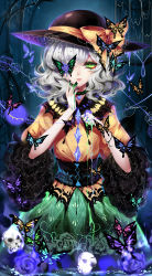 Rule 34 | 1girl, absurdres, adapted costume, artist name, bad id, bad pixiv id, black choker, black hat, black nails, black sash, blood, blue flower, blue rose, bow, bug, butterfly, choker, colored blood, cowboy shot, floral print, flower, frilled choker, frills, green blood, green eyes, green hair, green skirt, hands up, hat, hat bow, heart, heart of string, highres, insect, komeiji koishi, looking at viewer, nail polish, one eye covered, parted lips, puffy short sleeves, puffy sleeves, rose, sash, sheya, shirt, short hair, short sleeves, signature, skirt, skull, smile, solo, third eye, touhou, wavy hair, yellow bow, yellow shirt