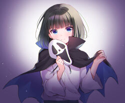 Rule 34 | 1boy, androgynous, bishounen, black cape, black hair, black pants, blue cape, blue eyes, cape, closed mouth, highres, idolmaster, idolmaster side-m, kagura rei, long sleeves, looking at viewer, male focus, multicolored cape, multicolored clothes, pants, rayuse, shirt, short hair, smile, solo, white shirt