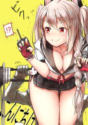Rule 34 | !?, 1boy, 1girl, :&gt;, absurdres, animal ears, azur lane, belt, belt buckle, bent over, black gloves, black sailor collar, black skirt, blush, braid, breasts, buckle, cleavage, closed mouth, collarbone, cowboy shot, crop top, dot nose, eyelashes, facing viewer, fake animal ears, fingerless gloves, fingernails, gloves, hair between eyes, highres, isaka wasabi, long hair, looking away, looking to the side, medium breasts, military, military uniform, miniskirt, motion lines, multicolored clothes, multicolored nails, nail polish, navel, no bra, pleated skirt, puffy short sleeves, puffy sleeves, red belt, red eyes, red gloves, red ribbon, ribbon, sailor collar, school uniform, serafuku, shirt, short sleeves, side braid, side slit, sidelocks, silver hair, simple background, single braid, skirt, smile, solo focus, standing, stomach, sweat, tears, text focus, thick eyebrows, thigh gap, trembling, tsurime, turret, two side up, uniform, white gloves, white shirt, wolf ears, yellow background, yuudachi (azur lane)