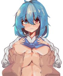 Rule 34 | 1boy, 1girl, blue eyes, blue hair, blush, grabbing another&#039;s breast, breasts, grabbing, hair between eyes, heterochromia, large breasts, long sleeves, looking at viewer, parted lips, pov, red eyes, short hair, simple background, solo focus, spy (user jxcc8553), tatara kogasa, touhou, white background