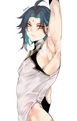 Rule 34 | 1boy, ahoge, arm up, armpits, black hair, closed mouth, commentary, english commentary, eyes visible through hair, facial mark, forehead mark, from side, genshin impact, green hair, highres, long hair, male focus, multicolored hair, simple background, slit pupils, solo, steam, steaming body, sushisalmon95, sweat, two-tone hair, white background, xiao (genshin impact), yellow eyes