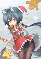 Rule 34 | 1girl, animal ears, ass, black gloves, black hair, black pantyhose, brown eyes, candy, candy cane, cat ears, christmas, christmas tree, cookie, eating, elbow gloves, food, gingerbread man, gloves, green eyes, hat, heterochromia, looking at viewer, looking back, nagai gojitsudan no nechronica, original, panties, panties under pantyhose, pantyhose, pantyshot, santa hat, scar, scarf, snowman, solo, star (symbol), stella (tama e akira), stitches, striped clothes, striped scarf, twintails, underwear, victor (tama e akira)