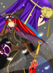 Rule 34 | 2girls, arc system works, blazblue, blue eyes, cabernet, cape, expressionless, gloves, hades izanami, hair ornament, hair tubes, hand on own face, hat, highres, long hair, mikado (blazblue), military, military uniform, multiple girls, parted lips, ponytail, purple hair, red eyes, red hair, shaded face, sword, tsubaki yayoi, uniform, weapon