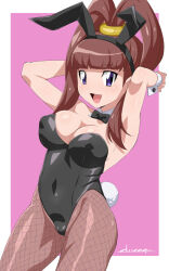 Rule 34 | 1girl, amano nene (digimon xros wars), animal ears, arms up, black leotard, brown hair, chicago-x, detached collar, digimon, digimon xros wars, fake animal ears, fake tail, female focus, hair ornament, hairclip, highres, leotard, long hair, looking at viewer, open mouth, partially visible vulva, playboy bunny, purple eyes, rabbit ears, rabbit tail, shiny clothes, shiny skin, solo, standing, tail, twintails, wide hips