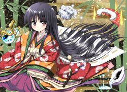 Rule 34 | 1girl, animal print, bamboo, black hair, blush, bow, bowl, branch, butterfly print, chrysanthemum, commentary request, conch, crystal ball, dragon, eyes visible through hair, fire, floral print, flower, hair over eyes, hair spread out, hands in opposite sleeves, highres, hime cut, houraisan kaguya, japanese clothes, jeweled branch of hourai, kimono, layered clothes, layered kimono, light particles, long hair, looking at viewer, obi, red eyes, sash, sitting, smile, solo, sparkle, touhou, unmoving pattern, usagi koushaku, very long hair, white bow