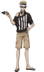 Rule 34 | 1boy, beige shorts, black shirt, blonde hair, closed mouth, dead mount death play, glasses, hand up, headphones, highres, kuruya takumi, long hair, looking at viewer, shirt, smile, solo, transparent background, two-tone shirt, white shirt