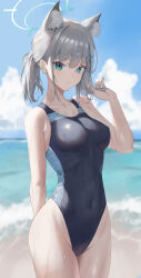 Rule 34 | 1girl, absurdres, animal ear fluff, animal ears, beach, black one-piece swimsuit, blue archive, blue eyes, blue halo, blush, breasts, competition swimsuit, covered navel, cross, cross hair ornament, extra ears, grey hair, hair ornament, halo, highleg, highleg swimsuit, highres, inverted cross, looking at viewer, low ponytail, medium breasts, medium hair, mismatched pupils, multicolored clothes, multicolored swimsuit, ocean, official alternate costume, one-piece swimsuit, renge (730), school swimsuit, shiroko (blue archive), shiroko (swimsuit) (blue archive), solo, swimsuit, two-tone swimsuit, wet, wet clothes, wet swimsuit, wolf ears