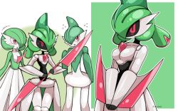Rule 34 | +++, 1boy, 2girls, arm blade, artist name, black sclera, black skin, blush, border, breasts, collarbone, colored sclera, colored skin, cowboy shot, creatures (company), domidori, double-blade, flying sweatdrops, gallade, game freak, gardevoir, gen 3 pokemon, gen 4 pokemon, green background, green skin, hair over one eye, half-closed eyes, highres, holding, humanoid robot, iron valiant, jitome, joints, light blush, looking at another, mohawk, multicolored hair, multicolored skin, multiple girls, multiple views, nervous, nervous smile, nintendo, no mouth, one eye covered, open mouth, outline, outside border, own hands together, pokemon, pokemon (creature), red eyes, robot, robot girl, robot joints, shiny skin, signature, simple background, small breasts, smile, standing, sweat, twintails, two-handed, two-tone hair, two-tone skin, v arms, weapon, weapon request, white border, white outline, white skin, wide hips