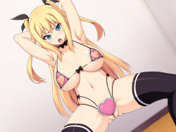 Rule 34 | 1girl, armpits, arms behind head, bikini, black thighhighs, blonde hair, blue eyes, blush, bow, breasts, choker, cleft of venus, frilled bikini, frills, fujirin, hair ribbon, highres, large breasts, long hair, looking at viewer, micro bikini, nippleless clothes, nipples, open mouth, ribbon, solo, squatting, swimsuit, thighhighs, two side up, wedgie