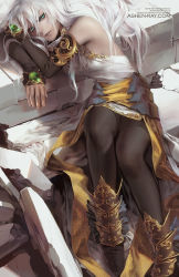 Rule 34 | 1girl, bare shoulders, brown footwear, commentary, dress, elbow gloves, english commentary, gloves, gold trim, green eyes, hair between eyes, long hair, looking at viewer, original, pantyhose, parted lips, sash, shilin, sitting, solo, white dress, white hair