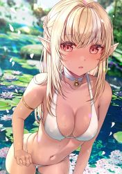 Rule 34 | 1girl, arm garter, bikini, blonde hair, blush, breasts, cleavage, dark-skinned female, dark skin, elf, flower, hair intakes, half updo, highres, hololive, large breasts, lily pad, long hair, looking at viewer, nature, open mouth, outdoors, partially submerged, petals, pointy ears, red eyes, saruei, shiranui flare, solo, swimsuit, virtual youtuber, wading, water, water lily flower, white bikini
