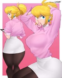 Rule 34 | 1girl, alternate costume, artist name, ass, black pantyhose, blonde hair, blue eyes, border, breasts, choker, clipboard, collared shirt, dress shirt, earrings, eyelashes, flytrapxx, formal, from behind, gradient background, hair ornament, hair tie, hair tie in mouth, hairclip, high-waist skirt, highres, holding, holding clipboard, jewelry, large breasts, lips, long sleeves, looking at viewer, looking back, mario (series), miniskirt, mouth hold, multiple views, nintendo, office lady, official alternate hairstyle, pantyhose, parted lips, patreon logo, patreon username, pencil skirt, pink background, pink lips, pink shirt, pointy nose, ponytail, princess peach, shirt, shirt tucked in, short hair, short sleeves, sitting, skirt, super mario bros. 1, super mushroom, teeth, thick lips, tight skirt, tying hair, white border, white choker, white skirt