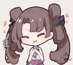 Rule 34 | 1girl, :d, ^ ^, beni shake, black bow, black ribbon, blush, bow, brown hair, chibi, closed eyes, commentary request, dress, facing viewer, fate/grand order, fate (series), grey background, grey dress, hair ribbon, heart, iyo (fate), long hair, open mouth, parted bangs, ribbon, signature, simple background, sleeveless, sleeveless dress, smile, solo, translation request, twintails, upper body, very long hair