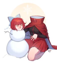 Rule 34 | 1girl, black shirt, blue bow, bow, cloak, closed eyes, closed mouth, disembodied head, full body, hair bow, highres, peigi1045, pleated skirt, red hair, red skirt, sekibanki, shirt, signature, simple background, sitting, skirt, snowman, socks, solo, touhou, white background, white socks