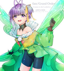 1girl :d absurdres ameshiki antenna_hair artistic_error bare_shoulders bike_shorts blue_shorts breasts brown_gloves commentary_request copyright_name cowboy_shot detached_collar dress extra_digits fairy fairy_wings fate/grand_order fate_(series) gloves green_dress green_wings hair_ribbon hand_up highres long_sleeves looking_at_viewer murian_(fate) open_mouth pom_pom_(clothes) purple_eyes purple_hair ribbon short_hair shorts simple_background small_breasts smile solo white_background wings yellow_ribbon