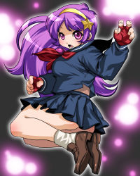 Rule 34 | 1girl, :o, ahoge, asamiya athena, bad id, bad pixiv id, fingerless gloves, gloves, hairband, loafers, long hair, makuro, necktie, open mouth, pleated skirt, purple eyes, purple hair, school uniform, shoes, skirt, snk, socks, solo, star (symbol), the king of fighters, tongue, white socks