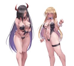 Rule 34 | 2girls, alternate costume, arms under breasts, azur lane, bismarck (azur lane), black hair, blonde hair, blue eyes, blush, breasts, cleavage, contrapposto, covered navel, detached collar, feet out of frame, filin, friedrich der grosse (azur lane), hair between eyes, hair over one eye, highleg, highres, horns, large breasts, leaning forward, leotard, long hair, looking at viewer, mechanical horns, meme attire, multiple girls, nontraditional playboy bunny, playboy bunny, red horns, see-through, see-through leotard, simple background, standing, strapless, strapless leotard, thigh strap, translucent bunnysuit, very long hair, white background, wrist cuffs, yellow eyes