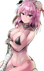 Rule 34 | 1girl, alternate costume, bandages, bandaged arm, bandages, bikini, black bikini, blush, breast hold, breasts, bun cover, closed mouth, collarbone, cowboy shot, cuffs, double bun, hair bun, highres, ibaraki kasen, large breasts, looking at viewer, navel, one-hour drawing challenge, pink hair, red eyes, shackles, side-tie bikini bottom, solo, stomach, swimsuit, touhou, y2