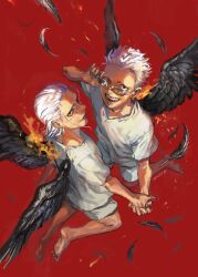 Rule 34 | 2boys, aged down, barefoot, black wings, crocodile (one piece), donquixote doflamingo, earrings, feathers, fire, from above, hair slicked back, highres, holding hands, jewelry, kneeling, looking at viewer, multiple boys, nisir0, one piece, open mouth, red background, removing eyewear, scar, scar on face, seraphim (one piece), shirt, short hair, short sleeves, shorts, smile, teeth, white hair, white shirt, wings