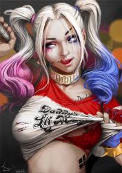 Rule 34 | 1girl, baseball bat, blonde hair, blue eyes, blue hair, body writing, bra, bracelet, breasts, clothes lift, collar, collarbone, dated, dc comics, harley quinn, jewelry, karl liversidge, lips, long hair, looking to the side, makeup, medium breasts, multicolored hair, pink hair, pink lips, red bra, shirt lift, sidelocks, solo, spiked bracelet, spikes, suicide squad, tattoo, torn clothes, twintails, underwear, upper body
