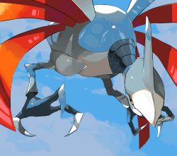 Rule 34 | absurdres, closed mouth, commentary request, creatures (company), day, from below, game freak, gen 2 pokemon, highres, nintendo, no humans, outdoors, pokemon, pokemon (creature), skarmory, sky, solo, talons, yunimaru