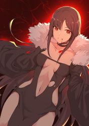 Rule 34 | 1girl, absurdres, blood, blood from mouth, breasts, brown dress, brown hair, brown jacket, closed mouth, collarbone, commentary request, crack, dress, fate/grand order, fate (series), fur-trimmed jacket, fur trim, hair between eyes, highres, jacket, long hair, looking at viewer, medium breasts, meng ge 3 (565571710), navel, open clothes, open jacket, red eyes, revealing clothes, smile, solo, sparkle, strapless, strapless dress, very long hair, yu mei-ren (fate)