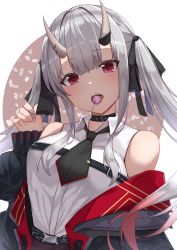 Rule 34 | 1girl, bare shoulders, black choker, black jacket, black necktie, black ribbon, blush, breasts, candy, choker, collared shirt, food, gradient hair, hair ribbon, hand up, head tilt, highres, hololive, horns, jacket, lollipop, long hair, looking at viewer, medium breasts, menmen (menmen13s), mouth hold, multicolored hair, nakiri ayame, nakiri ayame (streetwear), necktie, off shoulder, official alternate costume, open clothes, open jacket, open mouth, red eyes, red hair, ribbon, shirt, shirt tucked in, short necktie, silver hair, simple background, skin-covered horns, sleeveless, sleeveless shirt, solo, streaked hair, twintails, two-sided fabric, two-sided jacket, two-tone hair, upper body, virtual youtuber, white background, white shirt, wing collar