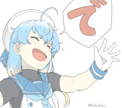 Rule 34 | 1girl, blonde hair, blue hair, blue neckerchief, closed eyes, gloves, gradient hair, kantai collection, long hair, multicolored hair, neckerchief, ninimo nimo, one-hour drawing challenge, sado (kancolle), shirt, simple background, sleeveless, sleeveless shirt, smile, solo, speech bubble, twitter username, undershirt, white background, white gloves