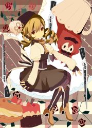 Rule 34 | 10s, 1girl, absurdres, beret, blonde hair, boots, cake, charlotte (madoka magica), corset, cup, detached sleeves, drill hair, fingerless gloves, flower, food, fruit, gloves, gun, hair ornament, hat, highres, magical girl, magical musket, mahou shoujo madoka magica, mahou shoujo madoka magica (anime), pantyhose, rose, sakuraginekihime, strawberry, striped clothes, striped pantyhose, striped thighhighs, teacup, thighhighs, tomoe mami, vertical-striped clothes, vertical-striped pantyhose, vertical-striped thighhighs, weapon, yellow eyes
