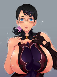 Rule 34 | 1girl, apron, areola slip, armor, black hair, blue eyes, blush, breasts, cattleya (queen&#039;s blade), cattleya (queen's blade), covered erect nipples, crying, curvy, flower, glasses, gloves, grey background, hair ornament, highres, housewife, huge breasts, looking at viewer, mature female, nipple slip, nipples, ponytail, queen&#039;s blade, short hair, sideboob, simple background, solo, sonota taisei, tears, upper body, weapon merchant cattleya
