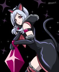Rule 34 | 00s, 1girl, albino, animal ears, armband, arudebido, black background, black gloves, black theme, black thighhighs, cat ears, cat tail, diamond (shape), eas (fresh precure!), elbow gloves, fresh precure!, gloves, grey hair, hairband, head rest, higashi setsuna, highres, kemonomimi mode, looking at viewer, popped collar, precure, red eyes, short hair, solo, tail, thighhighs, twitter username