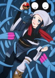 Rule 34 | 1girl, 1other, akari (pokemon), arms up, black hair, black pantyhose, black shirt, blush, creatures (company), embarrassed, eyelashes, game freak, gen 4 pokemon, glowing, glowing eyes, grabbing, grabbing from behind, grey eyes, grey jacket, head scarf, highres, holding, holding poke ball, imminent rape, jacket, looking at another, miyayuki azami, nintendo, open mouth, outdoors, pantyhose, plant monster, poke ball, pokemon, pokemon (creature), pokemon legends: arceus, red eyes, red scarf, scarf, sexually suggestive, shirt, sidelocks, size difference, skirt, tangrowth, tears, teeth, tentacles, tentacles under clothes, torn clothes, torn legwear, upper teeth only, white headwear, you gonna get raped
