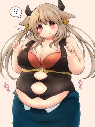 Rule 34 | 1girl, ?, animal ears, bad id, bad twitter id, bare shoulders, bell, belly, belt, blush, bra, breasts, brown hair, bursting belly, cleavage, cow ears, cow girl, cow horns, cowbell, fat, female focus, highres, horns, large breasts, long hair, munimuni kinoko, original, red eyes, shy, solo, thick arms, twintails, undersized clothes, underwear, wavy mouth