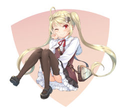 Rule 34 | 1girl, ;), ahoge, bag, black footwear, blonde hair, blush, brown background, brown dress, brown thighhighs, closed mouth, commentary request, dress, frilled dress, frills, full body, hair intakes, hair ornament, hand up, haniwa (leaf garden), highres, knees up, long hair, long sleeves, mary janes, neck ribbon, one eye closed, original, puffy long sleeves, puffy sleeves, red eyes, red ribbon, ribbon, shirt, shoes, shoulder bag, sleeveless, sleeveless dress, smile, thighhighs, twintails, two-tone background, v, very long hair, white background, white shirt