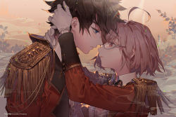 Rule 34 | 1boy, 1girl, ahoge, alternate costume, blue eyes, brown hair, coat, copyright name, couple, fate/grand order, fate (series), from side, fujimaru ritsuka (male), glasses, hetero, imminent kiss, kawacy, mash kyrielight, mash kyrielight (welcome to the travelling circus!), official alternate costume, orange sky, outdoors, purple eyes, purple hair, sky, smoke, tagme