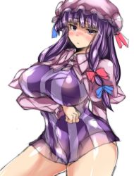 Rule 34 | 1girl, :&lt;, blue bow, blunt bangs, bow, breast hold, breasts, capelet, cowboy shot, dress, hair bow, half-closed eyes, hat, large breasts, long hair, mob cap, ototobe, patchouli knowledge, pink hat, purple dress, red bow, short dress, simple background, sketch, solo, striped clothes, striped dress, touhou, white background