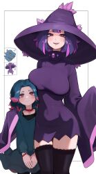 1boy 1girl age_difference blue_hair breasts colored_tips creature_and_personification creatures_(company) dress game_freak gen_2_pokemon gen_4_pokemon hat highres kashu_(hizake) large_breasts light_blush medium_hair misdreavus mismagius multicolored_hair nintendo open_mouth own_hands_together personification pokemon pokemon_(creature) purple_eyes purple_hair sleeves_past_wrists thighhighs wide_sleeves witch_hat